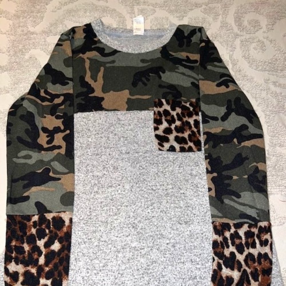 Grateful Hearts boutique super soft long sleeve shirt with camo & leopard print